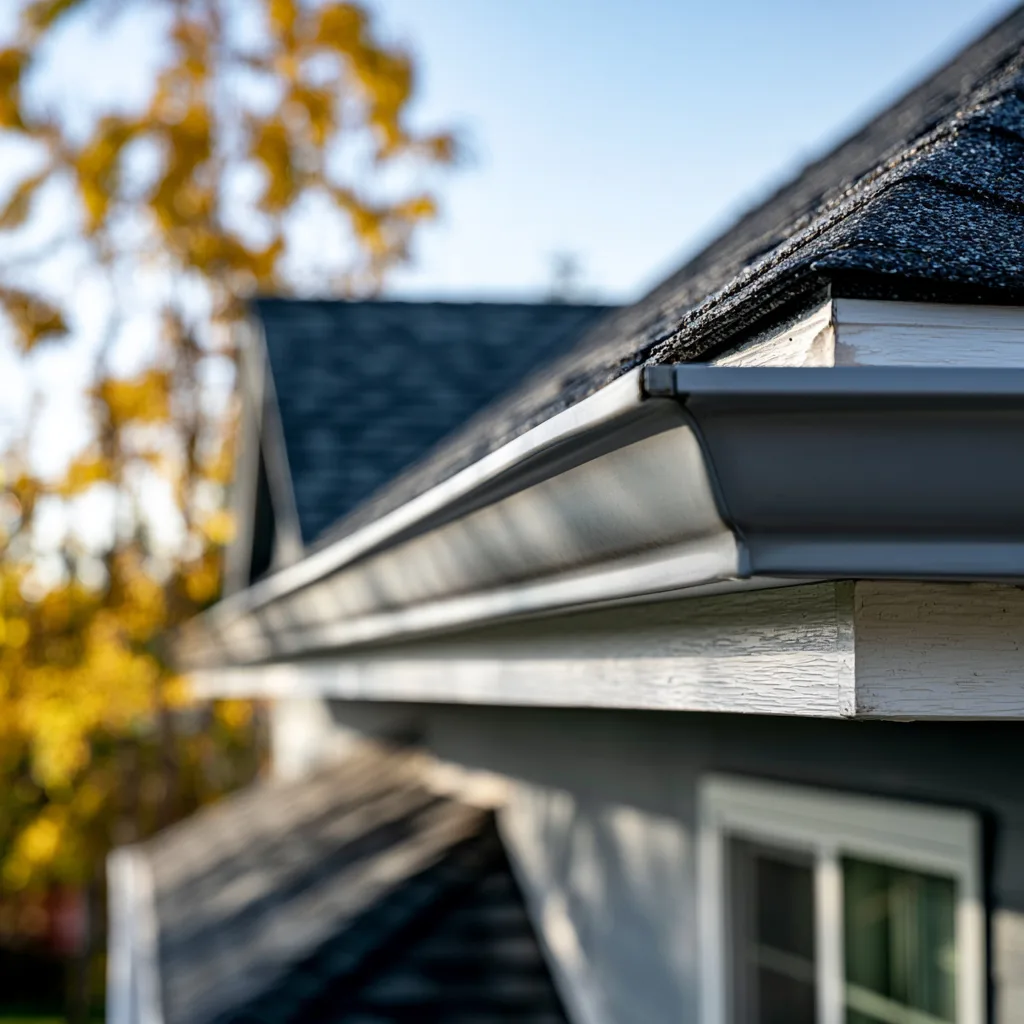 Gray gutter along painted fascia beneath asphalt shingles